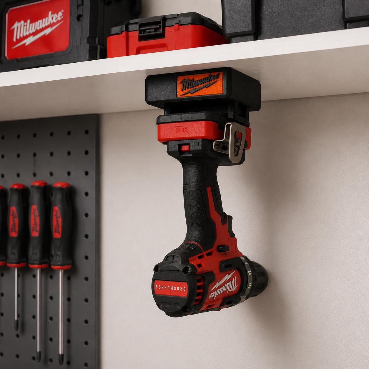 Milwaukee M18 Drill Holder | Under Shelf Power Tool Mount | Workshop Garage Tool Storage | 3D Printed Drill Hanger